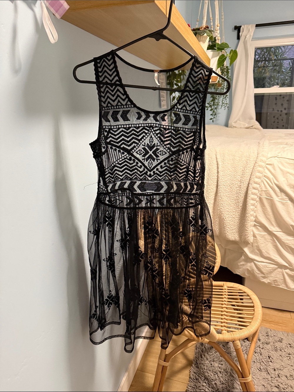 Free People Black Embroidered Mesh Mini Dress